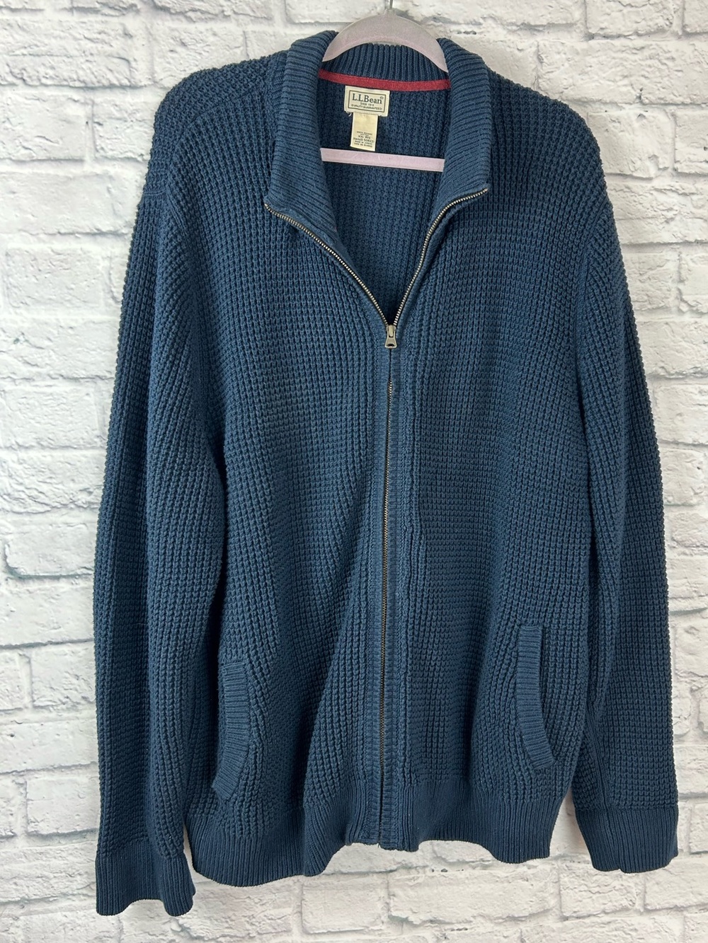 L.L.Bean Men’s XXL Organic Cotton Waffle Knit Full Zip Sweater Blue